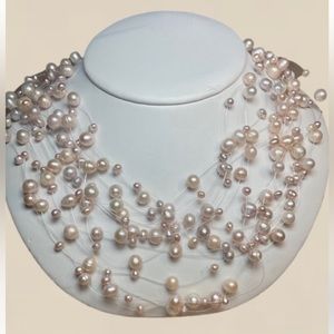 New! Freshwater Cultured Pearl Necklace, 14 Rows Floating w/ Soft Pink Hues
